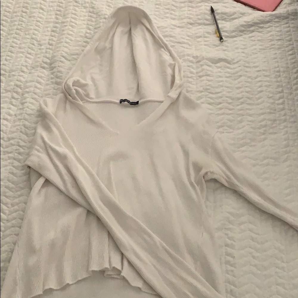 All white long sleeve with hood!